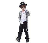 Koongso Disfraz de Super Star Michael, disfraz de Pop King MJ brillante plateado con accesorios para niños de los años 70 y 80, disfraz de discoteca para escenario, disfraz escolar