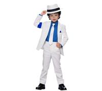 Koongso Disfraz de Super Star Michael para niños, trajes de cosplay de Pop King MJ, abrigo de rayas blancas, pantalones con corbata, sombrero, trajes de los años 80 y 90, disfraz de Halloween, baile
