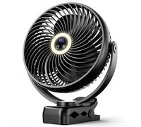 Koonie Ventilador portátil de clip de 10000 mAh con linterna LED y gancho, ventilador de escritorio de 8 pulgadas, ventilador silencioso de camping con pantalla digital LED, rotación de 360° y 3