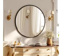 Koonmi Espejo de pared redondo de 70 cm con marco de perlas pequeñas de cristal templado, adecuado para dormitorio, baño, etc., color negro