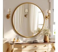 Koonmi Espejo de pared redondo de 80 cm con marco de perlas pequeñas de cristal templado, adecuado para dormitorio, baño, etc., color dorado