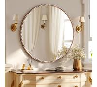 Koonmi Espejo de pared redondo de 80 cm con marco de perlas pequeñas de cristal templado, apto para dormitorio, baño, etc., color plateado