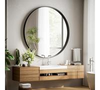 Koonmi Espejo redondo de lujo de 120 cm, marco profundo negro, espejo de pared redondo con marco de metal cepillado negro para baño, salón, entrada, decoración de pared