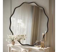 Koonmi Espejo redondo grande con borde ondulado de 105 cm con marco de metal texturizado, para colgar o colocar en la pared, para baño, entrada, sala de estar, color negro