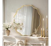 Koonmi Espejo redondo grande con borde ondulado de 50 cm con marco de metal texturizado, para colgar o colocar en la pared, para baño, entrada, sala de estar, dorado