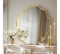 Koonmi Espejo redondo grande con borde ondulado de 60 cm con marco de metal texturizado, para colgar o colocar en la pared, para baño, entrada, sala de estar, dorado