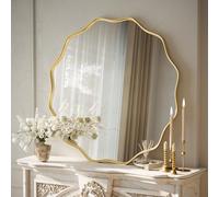 Koonmi Espejo redondo grande con borde ondulado de 75 cm con marco de metal texturizado, para colgar o colocar en la pared, para baño, entrada, sala de estar, dorado