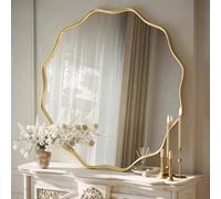 Koonmi Espejo redondo grande con borde ondulado de 90 cm con marco de metal texturizado, para colgar o colocar en la pared, para baño, entrada, sala de estar, dorado