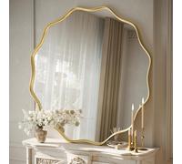Koonmi Espejo redondo grande con borde ondulado, espejo de pared de 105 cm con marco de metal texturizado, para colgar o colocar en la pared, para baño, entrada, sala de estar, dorado