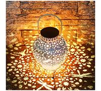KOOPER Faroles solares para exteriores, luces solares de jardín colgantes de metal con acabado blanco vintage y LED blanco cálido, adornos de jardín impermeables, patio, césped