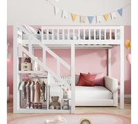 KOOPMAD Cama apilable 140x200cm, cama alta 140x200cm con escalera, cama alta para 1 plaza con espacio de almacenamiento, multifuncional, cama para niños casa cama juvenil, sin colchón, blanco