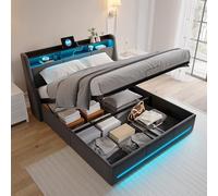 KOOPMAD Cama con Cajón 140x190 con LED y USB, Cama Matrimonial Tapizada con Almacenamiento y Cabecero Capitonado, Camas Hidráulicas con Sommier, Camas para 2 Personas, para Adultos y Adolescentes