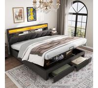 KOOPMAD - Cama con maletero de 180 x 200 cm, con LED y 2 cajones, cama doble acolchada hidráulica con estantes abiertos y almacenamiento oculto en cabecera de cama, camas con somier, camas para 2
