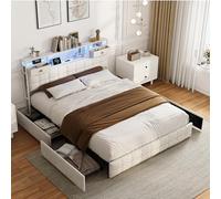 KOOPMAD Cama de 160 x 200 cm con espacio de almacenamiento, cama tapizada con LED y USB, cama doble con cajón, cama juvenil con 4 cajones, estructura de cama con somier y espacio de almacenamiento