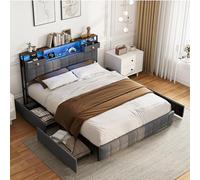 KOOPMAD Cama de 160 x 200 cm con espacio de almacenamiento, cama tapizada con LED y USB, cama doble con cajón, cama juvenil con 4 cajones, estructura de cama con somier y espacio de almacenamiento