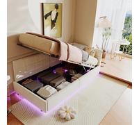 KOOPMAD - Cama de 90 x 200 cm con iluminación LED y USB, cama infantil de 90 x 200 cm con almacenamiento hidráulico, camas capitonadas en L, cama de 1 plaza con somier de láminas, terciopelo, color