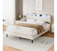 KOOPMAD Cama doble tapizada de 140 x 200 cm con LED y USB, cama con cabecero de almacenamiento y somier, cama juvenil de 140 x 200 cm con espacio de almacenamiento, marco de cama, lino, beige, fácil