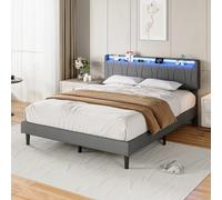 KOOPMAD Cama doble tapizada de 140 x 200 cm con LED y USB, cama con cabecero de almacenamiento y somier, cama juvenil de 140 x 200 cm con espacio de almacenamiento, estructura de cama, lino, gris