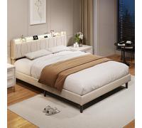 KOOPMAD Cama doble tapizada de 160 x 200 cm con LED y USB, cama con cabecero de almacenamiento y somier, cama juvenil de 160 x 200 cm con espacio de almacenamiento, marco de cama, lino, beige, fácil