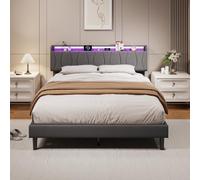KOOPMAD Cama doble tapizada de 160 x 200 cm con LED y USB, cama con cabecero de almacenamiento y somier, cama juvenil de 160 x 200 cm con espacio de almacenamiento, estructura de cama, lino, gris
