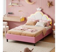 KOOPMAD - Cama infantil (90 x 200, cama de niña con iluminación LED, cabecera ajustable en altura, diseño de corona para niños y adolescentes, camas individuales, terciopelo, rosa