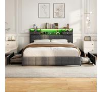 KOOPMAD Cama tapizada de 160 x 200 cm con LED y USB, estructura de cama con 4 cajones, cama juvenil de 160 x 200 cm con espacio de almacenamiento, cama doble con somier, marco de cama, cabecero con