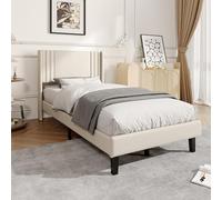 KOOPMAD Cama tapizada de 90 x 200 cm con somier, cama 90 x 200 cm con cabecero acolchado, cama juvenil con espacio de almacenamiento, cama individual soporta hasta 362 kg, fácil montaje, color beige