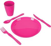 KOOPMAN - Juego de 31 Piezas de Polipropileno, 6 Asientos - 6 Vasos - 6 cucharas, 6 Tenedores, 6 Cuchillos, 1 Caja de Transporte, 3 Colores