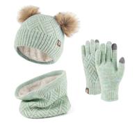 KOOSUFA Gorro de invierno para niños con bufanda y guantes para niña, gorro de lana, gorro de punto, bufanda táctil, guantes cálidos, gorro de pompón con forro polar, accesorio cálido para 6-10 años,