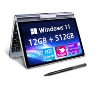 KOOTIGERS Mini Portátil 8" 2 en 1, Ordenador Portátil Win 11, N150 (hasta 3.6 GHz), 12 GB RAM 512GB SSD, Pantalla Táctil HD, Teclado Retroiluminado, Wi-Fi 6, USB-C, PC Ligero y Portátil para