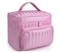 KoovDem Bolsa de maquillaje de viaje de gran capacidad, organizador de nailon impermeable con elegante diseño de rayas, bolsa de aseo compacta y ligera para mujeres, almacenamiento multicapa con