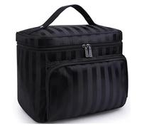 KoovDem Bolsa de maquillaje de viaje de gran capacidad, organizador de nailon impermeable con elegante diseño de rayas, bolsa de aseo compacta y ligera para mujeres, almacenamiento multicapa con