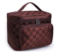 KoovDem Bolsa de maquillaje de viaje de gran capacidad, organizador de nailon impermeable con elegante diseño de rayas, bolsa de aseo compacta y ligera para mujeres, almacenamiento multicapa con