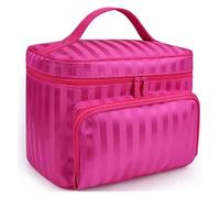KoovDem Bolsa de maquillaje de viaje de gran capacidad, organizador de nailon impermeable con elegante diseño de rayas, bolsa de aseo compacta y ligera para mujer, almacenamiento multicapa con