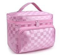KoovDem Bolsa de maquillaje de viaje de gran capacidad, organizador de nailon impermeable con elegante diseño de rayas, bolsa de aseo compacta y ligera para mujeres, almacenamiento multicapa con
