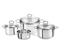 KOPF juego de cacerolas de acero inoxidable Merkur - cacerolas de inducción con borde de vertido, escala de litros y tapa de cristal - 4 piezas