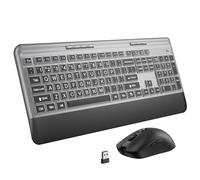 KOPJIPPOM Combo de teclado y mouse inalámbricos silenciosos, teclado con cubierta de impresión grande, teclado ergonómico de tamaño completo de 2.4 GHz con reposamuñecas y mouse para laptop, PC