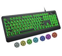 KOPJIPPOM Teclado de impresión grande - 7 colores de retroiluminación intercambiables, teclados de computadora con cable USB iluminados, USB Plug and Play, soportes plegables, teclado con cable de