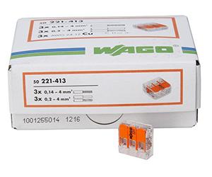 Kopp 33346427 Wago Ranuras, Borne de 3 con Palanca para Flexible hebras wiederöffenbar 1,5 - 2,5 mm² 50 Unidades, Transparente/Naranja