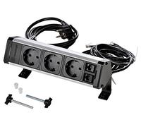 Kopp VersaDESK 939628014 - Regleta de 2 Conectores RJ-45/11 Cat 6 UTP, Cable de conexión y 2 m de Cable de Datos, IP20, 3400 W, 250 V, Negro/Aluminio anodizado, 3 Tomas + 2 RJ45