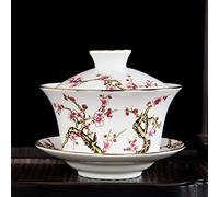 KOPYFANTAP Gaiwan 300ML, China Tradicional Taza de Té Kung Fu de Porcelana con Platillo y Tapa, Patrón de Relieve para Flores de Ciruela, Blanco