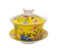 KOPYFANTAP Juego de Taza de Té Tradicional Chino de Porcelana kungfu,Gaiwan Amarillo con Flores y Corales Gráficos,300ml Grande Capacidad Tazón de Té