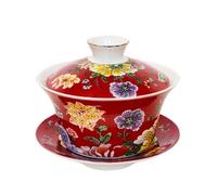 KOPYFANTAP Juego de Taza de Té Tradicional Chino de Porcelana kungfu,Gaiwan Rojo con Flores y Corales Gráficos,300ml Grande Capacidad Tazón de Té