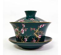 KOPYFANTAP Taza de Té Kung Fu de Porcelana con Platillo y Tapa,Taza de Té Tradicional China Sancai Gaiwan,Patrón de Relieve para Flores de Ciruela,Juego de Té de Palace Estilo Chino,300 ml, Verde