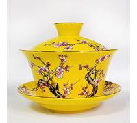 KOPYFANTAP Taza de Té Kung Fu de Porcelana con Platillo y tapa,Taza de Té Tradicional China Sancai Gaiwan,Patrón de Relieve para Flores de Ciruela,Juego de Té de Palace Estilo Chino,300 ml, Amarillo
