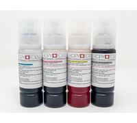 Kopyform Canon KOL070 - Juego de tinta alimentaria (4 x 70 ml, negro, amarillo, magenta, cian) para impresoras Canon, por ejemplo, G1501, con adaptador para un fácil llenado