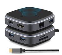 KOQEIEY Base de carga USB C, concentrador Thunderbolt 3 9 en 1 con 100 W PD, HDMI, 3 USB 3.0, RJ45 Ethernet, lector de tarjetas SD/TF, adaptador para iPhone 15/15 Pro MacBook IPad Surface Huawei HP