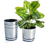 KORAD Conjunto de 4 macetas con Plato de 18 cm de diámetro, Modelo 017 - Plata Vieja; Moderno, Alto Brillo, Estilo clásico, rústico, Loft, para Plantas, Hierbas, Flores y composiciones Vegetales.