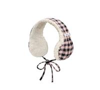 Korean Color-Blocked Plaid Plush Earmuffs Women's Winter Fashion Literary Art Thickened Cycling Ear Protection Lace-up Headband(Pink)