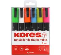 kores. 30212599. Pack de 6 Rotuladores de Tiza Líquida Borrable RT1. Colores Surtidos. Punta Reversible.